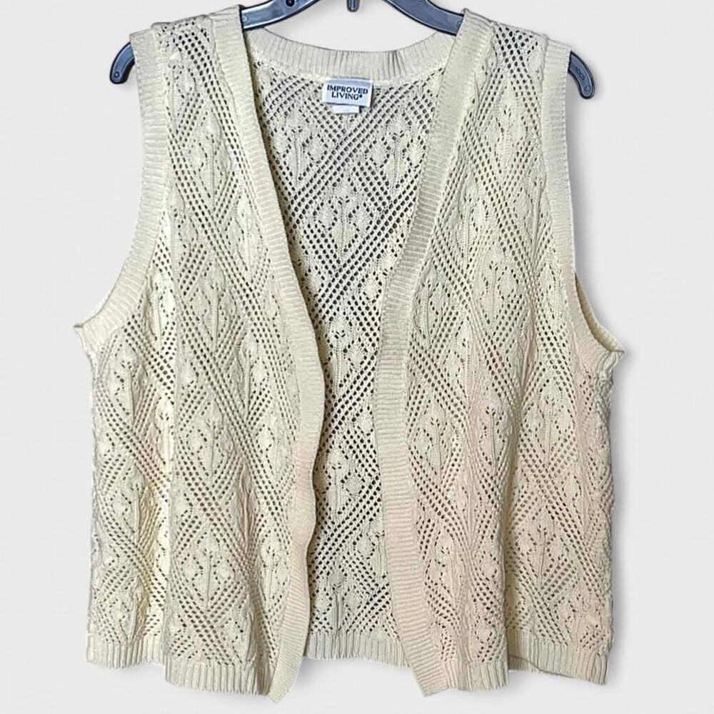 Improved Living Vintage Ivory Crochet Open Sleeveless Cardigan - Size L